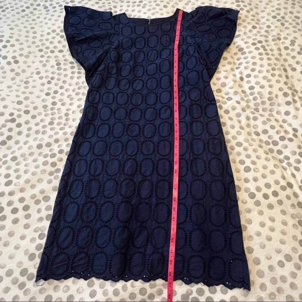 J. Crew Factory Scalloped Eyelet Navy Blue Shift Dress With Flutter Sleeve Sz 2